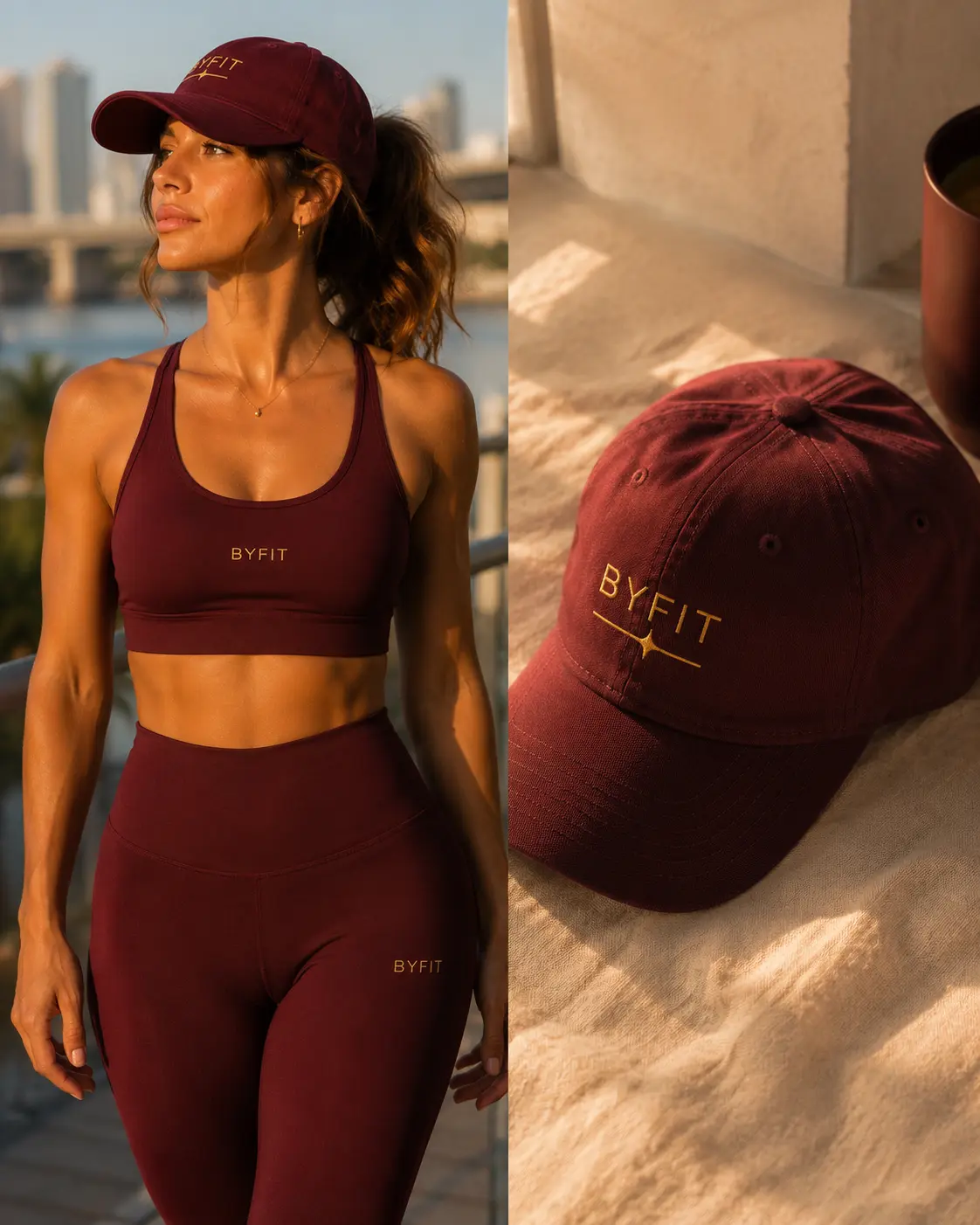 Look burgundy BYfit y gorra con bordado dorado al atardecer en Miami